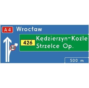 Znak E-1A - Tablica przeddrogowskazowa na autostradzie - Generacja I