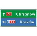 Znak E-2E - Drogowskaz tablicowy umieszczany obok jezdni przed wjazdem na autostradę - drogowy kierunku miejscowości - Generacja I