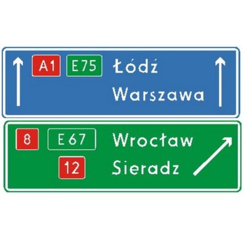 Znak E-2D - Drogowskaz tablicowy nad jezdnią na autostradzie - Generacja II