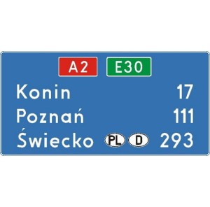 Znak E-14A - Tablica szlaku drogowego na autostradzie - Generacja II