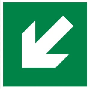 Kierunek drogi ewakuacyjnej lewo/dół - tabliczka informacyjna